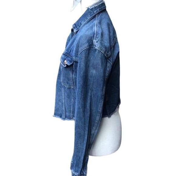 Trafaluc Zara Denim Jacket Distressed Blue Jean Jacket Medium Wash Womens Small - Picture 4 of 5
